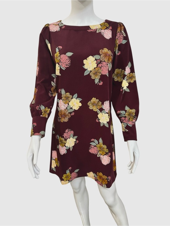 LOFT Dresses & Skirts - Ann Taylor LOFT Women's Burgundy Floral Long-Sleeve Shift Dress 8P 8 Petite